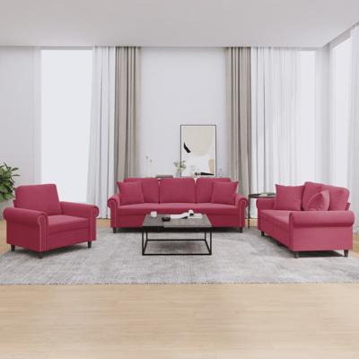 3-delige Loungeset met kussens fluweel wijnrood