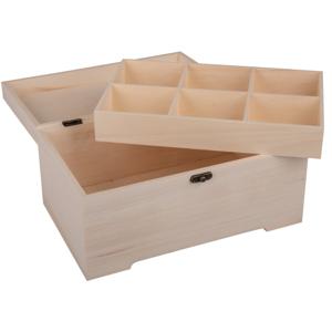 Houten kistje 2 laags - sluiting en deksel - 28 x 18 x 13 cm - Sieraden/spulletjes - vakjes boven   -