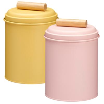 Voorraadpotten set - 2x - koekjes bewaarblik - 14 x 20 cm - metaal - roze / geel Voorraadpotten set - 2x - koekjes bewaarblik - 14 x 20 cm - metaal - roze / geel