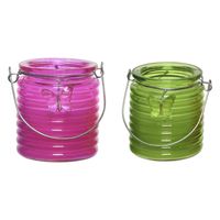 Citronella kaars - 2x - in windlicht - roze en groen - 20 branduren - citrusgeur - thumbnail