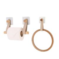Badkamer set toiletrolhouder en handdoekhaak - zelfklevend - beige - bamboe/kunstleer - zonder boren