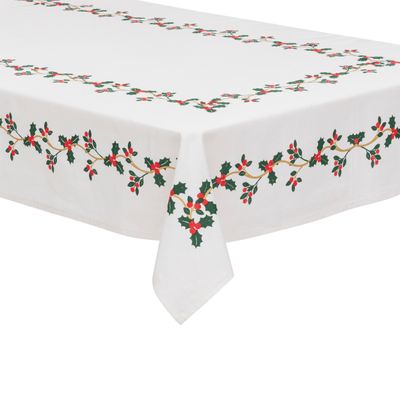 Tafelkleed kerst thema - wit met hulst - polyester - 240 x 140 cm