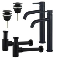 Fortifura Calvi Wastafelkraanset - voor dubbele wastafel - verhoogde wastafelkraan - klikwaste plug - verlaagde design sifon - Mat zwart 2x SW377834/2x SW696199/2x SW696215