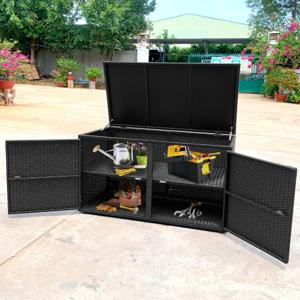 Rotan Terrasbox met een Inhoud van 335 Liter Weerbestendige Gereedschapskist voor Buiten met Deksel en 2 Planken Tuinbox 115 x 60 x 65 cm