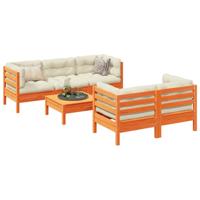 6-delige Loungeset met kussens massief grenenhout wasbruin