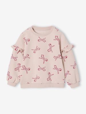 Kersttrui met glitterhartjes en mouwen met ruches voor meisjes roze (poederkleur)