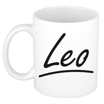 Leo Naam koffiemok - beker - met sierlijke letters - wit - 300 ml - Cadeau - Heren