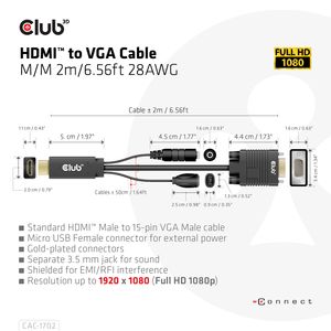 CLUB3D HDMI to VGA Cable M/M 2m/6.56ft 28AWG