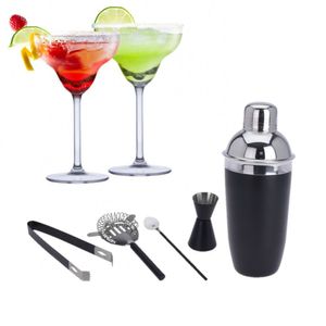 Set van 4x Margarita cocktailglazen met zwarte 5-delige cocktailshaker set RVS