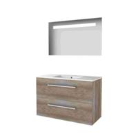 Basic-Line Economic 46 Badkamermeubelset - 100 x 46 cm - Met Grepen - 2 Lades - Keramische Wastafel - 1 Kraangat - Spiegel met LED Verlichting - Scotch Oak