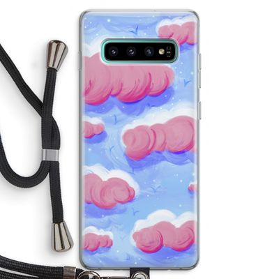Roze wolken met vogels: Samsung Galaxy S10 Plus Transparant Hoesje met koord