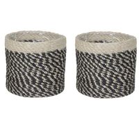 2x stuks naturel zwart rotan planten pot mand van gedraaid jute/riet H12 en D12 cm - Plantenpotten