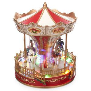 Kerstdorp draaimolen/carrousel - draaiend - met led verlichting en muziek - 28 cm