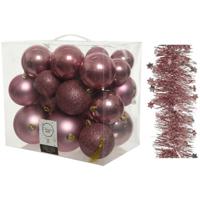 Kerstversiering kunststof kerstballen 6-8-10 cm met sterren slingers pakket oud roze van 28x stuks - Kerstbal - thumbnail