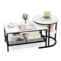 Set van 2 Bijzettafels Salontafel met Marmerprint en Metalen Frame Kleine Ronde Bijzettafel en Rechthoekige Salontafel Wit + Zwart