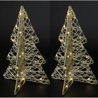 Lichtboompjes/kerstbomen 3D - 2x - H31 cm - goud - metaal - 20 leds warm wit -verlichte figuren - thumbnail