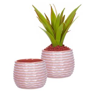 Bloempot/plantenpot Rise - 2x - ribbel - zachtroze - voor kamerplant - D14 x H10 cm