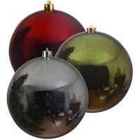 Kerstversieringen set van 6x grote kunststof kerstballen rood-groen-zilvergrijs 14 cm glans - thumbnail