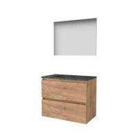 Basic-Line Basic 46 Badkamermeubelset - 80 x 46 cm - Greeploos - 2 Lades - Hardstenen Wastafel - Zonder Kraangat - Spiegel - Whisky Oak