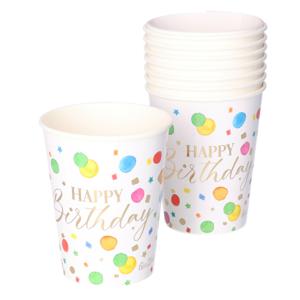 Feestbekers met hoesjes - verjaardag - 8x - happy-birthday - gespikkeld - papier - 250ml