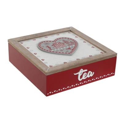 Theedoos hart - 9-vaks - rood - hout - 24 x 24 x 8 cm - theezakjes - winter