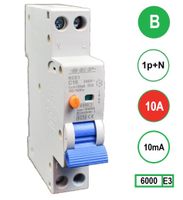 Aardlekautomaat 10A B Kar 10mA 2 polig 18mm breed Kema Keur 230V automaat en aardlek in een module