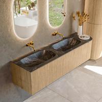 Badmeubel Mondiaz Kurve-Dlux | 165 cm | Meubelkleur Oak | Wastafelkleur Lava | Solid surface | Dubbele spoelbak | Zonder kraangat(en)
