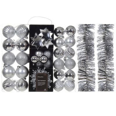 Kerstversiering set - zilver - kerstballen, ornamenten en folie slingers - kunststof