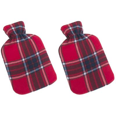 Gerimport Warmwaterkruik - Set van 2x stuks - fleece hoes - rood - Schotse ruit print - 1,25 liter -