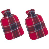 Gerimport Warmwaterkruik - Set van 2x stuks - fleece hoes - rood - Schotse ruit print - 1,25 liter -