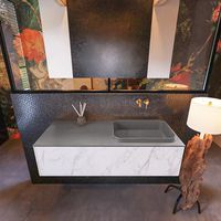Badkamermeubelset Mondiaz Erin 120 cm met 1 Lade met RIDGE Wastafel Rechts Dark grey Zonder Kraangaten Greeploos Mat Carrara