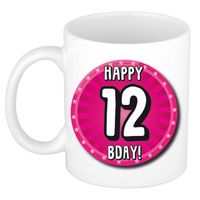 Bellatio Decorations Verjaardag cadeau mok 12 jaar - roze - wiel - 300 ml - keramiek - feest mokken - thumbnail
