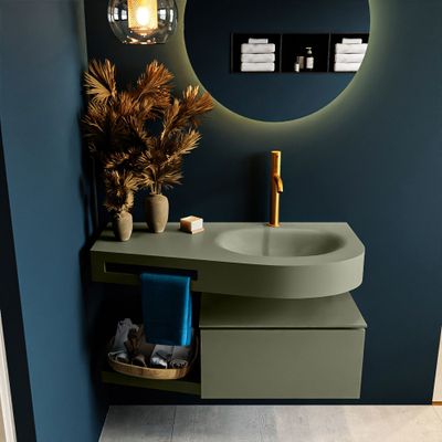 MONDIAZ RIVA 100cm badmeubel onderkast / planchet kleur Army met 1 lade. Wastafel DULCET rechts 1 kraangat kleur Army. MONDIAZ RIVA 100cm badmeubel onderkast / planchet kleur Army met 1 lade. Wastafel DULCET rechts 1 kraangat kleur Army.