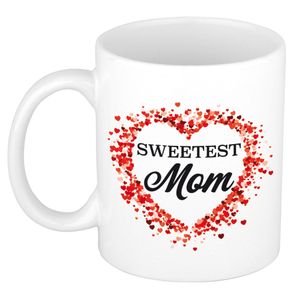 Sweetest mom kado mok / beker met hartjes voor Moederdag / verjaardag