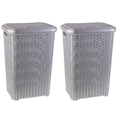 Plasticforte Wasmand met deksel - 2x stuks - 60 liter - zilvergrijs - rotan - kunststof - L35 x B43