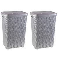 Plasticforte Wasmand met deksel - 2x stuks - 60 liter - zilvergrijs - rotan - kunststof - L35 x B43