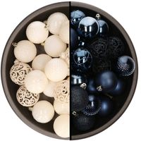 Kerstballen - 74x stuks - wol wit en donkerblauw - 6 cm - kunststof - Kerstbal