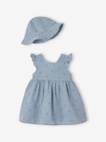 Set jurk en muts pasgeborene van katoengaas chambrayblauw - thumbnail