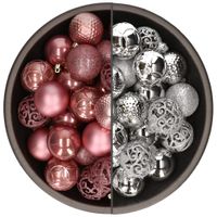 74x stuks kunststof kerstballen mix van velvet roze en zilver 6 cm - thumbnail