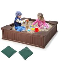 Vierkante HDPE Kinderzandbak met 4 Hoekzitjes Zandbak met Oxford Deksel en Bodemvoering Belastbaar tot 50kg voor 4 Kinderen Vanaf 3 Jaar