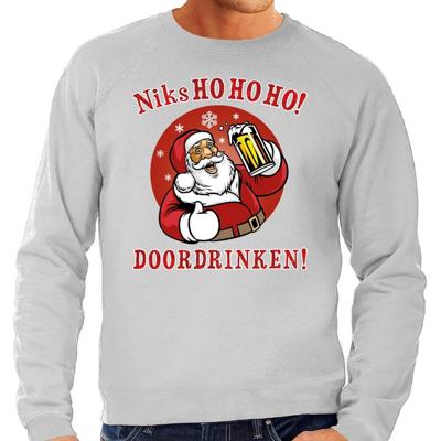 Foute Kersttrui - Bier drinkende kerstman - grijs - voor heren - HO HO HO Doordrinken Foute Kersttrui - Bier drinkende kerstman - grijs - voor heren - HO HO HO Doordrinken