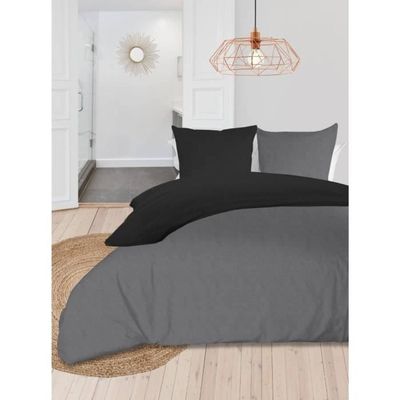 Soleil D'ocre Tweekleurig Dekbedovertrek - Gewassen Katoen - 240 X 260 Cm - Grijs En Antracietgrijs