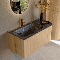 Mondiaz KURVE-DLUX 95 cm Onderkast Greeploos 1 Lade Met Deuren Oak, Wastafel Solid Surface Links Lava 1 Kraangat Zonder Spiegel (KRVBGS95R1L1D1KL-Oak/Lav)