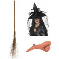 Smiffys Heksen verkleed set voor dames heksenhoed - haakneus - heksenbezem van 110 cm - Verkleedhoofddeksels - thumbnail