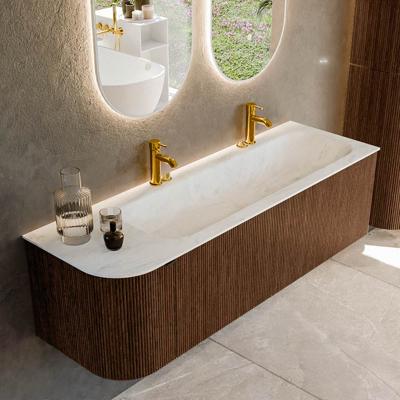 Badmeubel Mondiaz Kurve-Dlux | 145 cm | Meubelkleur Walnut | Wastafelkleur Opalo | Solid surface | Rechts spoelbak | 2 kraangaten