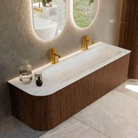 Badmeubel Mondiaz Kurve-Dlux | 145 cm | Meubelkleur Walnut | Wastafelkleur Opalo | Solid surface | Rechts spoelbak | 2 kraangaten