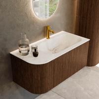 Badmeubel Mondiaz Kurve-Dlux | 95 cm | Meubelkleur Walnut | Wastafelkleur Frappe | Solid surface | Rechts spoelbak | 1 kraangat