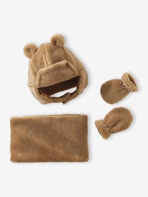 Babyset muts, snood en wanten baby in sherpa zandbeige