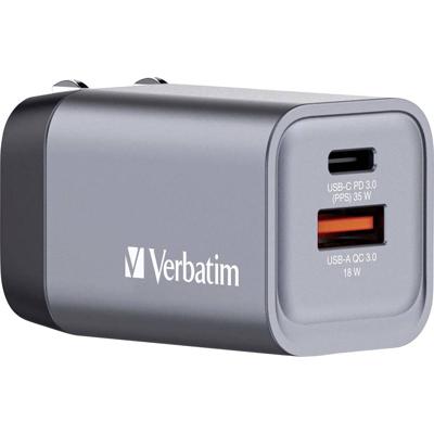 Verbatim GNC-35 GaN Reislader 35 W 1x USB-A, 1x USB-C USB PD, USB PD 3.0, QC 3.0 Grijs GaN, Met adapter voor Europa, Met adapter voor Verenigd Koninkrijk, Met