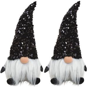 2x stuks pluche gnome/dwerg decoratie poppen/knuffels zwart met glitter 29 x 14 cm